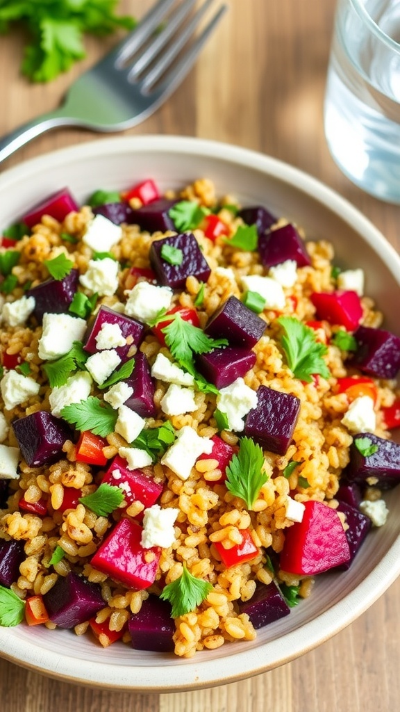 A colorful quinoa salad with roasted beets, feta cheese, and fresh herbs in a rustic bowl on a wooden table.